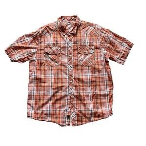 REI Men’s Sz XL Plaid Short Sleeve Button Up Shirt Orange White Outdoor Casual